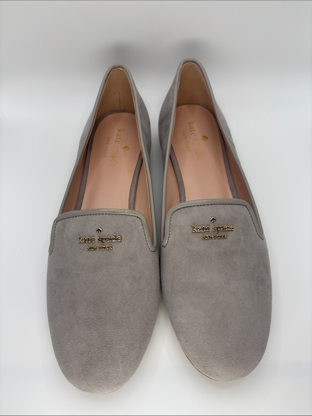 kate spade Gray Suede Slip-On Loafers with Gold Logo - Picture 1 of 12